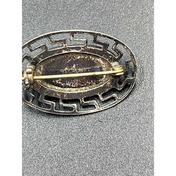 Vintage Sterling Silver Abalone Shell Brooch Pin Antique Greek Key Border - Picture 9 of 10